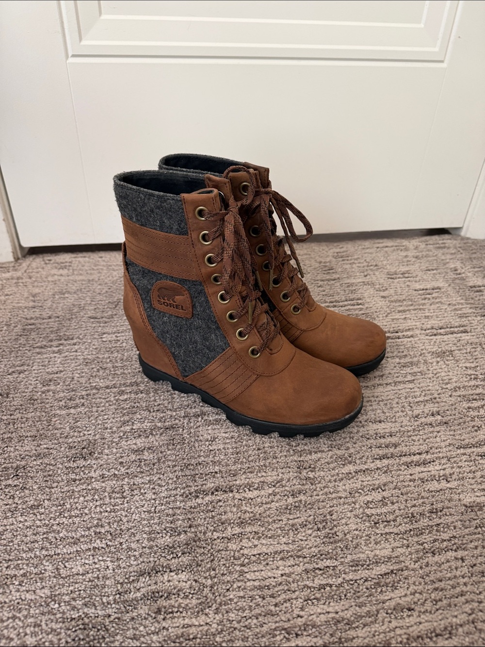 Sorel Two-Tone Brown and Gray Lace-Up Wedge Boots